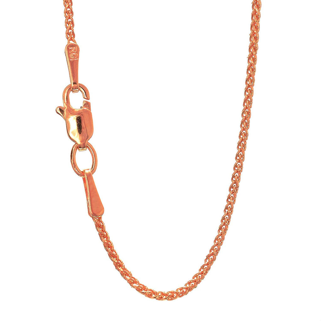 14k Solid Rose Gold 1.1 mm Round Cut Spiga Wheat Chain 16" Lobster Claw - JewelStop1