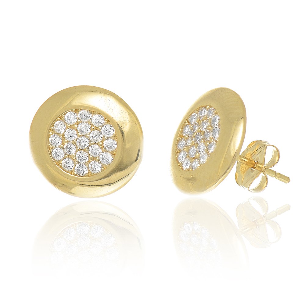 14K Yellow Gold Micro Pave CZ Circle Round Button Earrings - JewelStop1