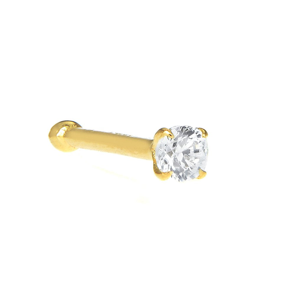 14k Yellow Gold Round Prong Set CZ Stud Nose Ring - 0.55mm 22 Gauge 9mm Long - JewelStop1