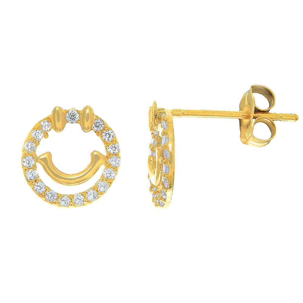 14K Solid Yellow Gold CZ Smiley Face Toddler Earrings - JewelStop1