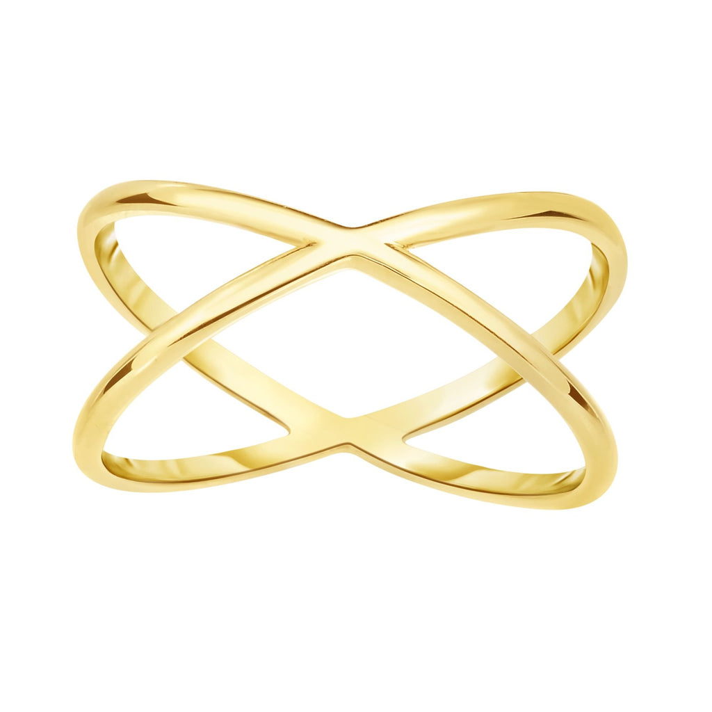 14k Yellow Gold Shiny Round Tube Double Row "x" Shape Ring Size 7 - JewelStop1