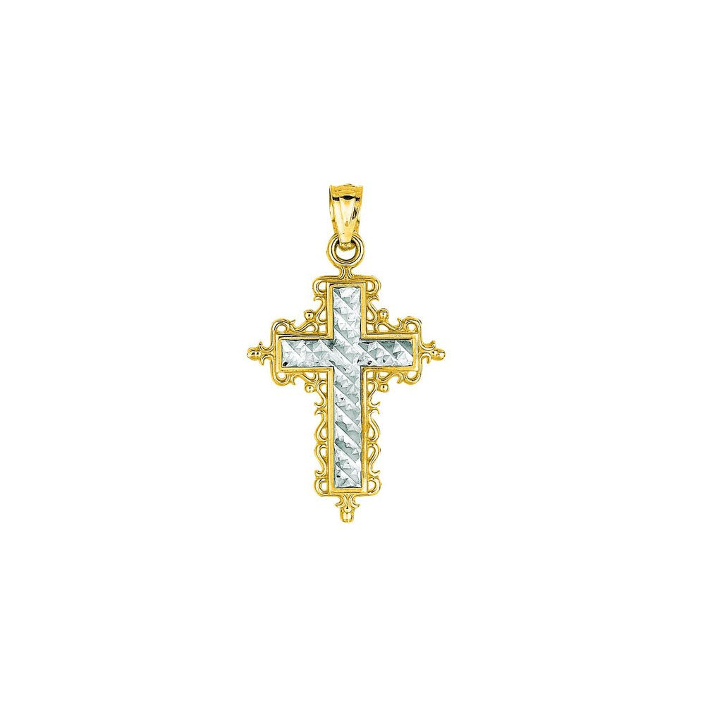 14K Two Tone Gold Diamond-Cut Pave Cross Pendant - JewelStop1