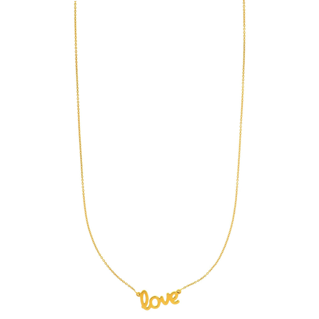 14k Yellow Gold Shiny Flat Scripted Medium "Love" on Round Rolo Chain - 18" - JewelStop1