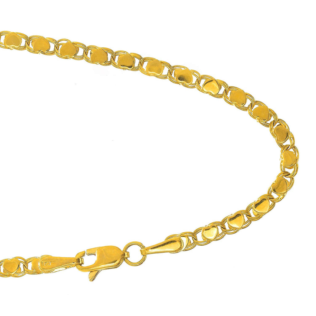 14k Solid Yellow Gold 3.3mm Heart Chain Bracelet 7" Lobster Claw - JewelStop1