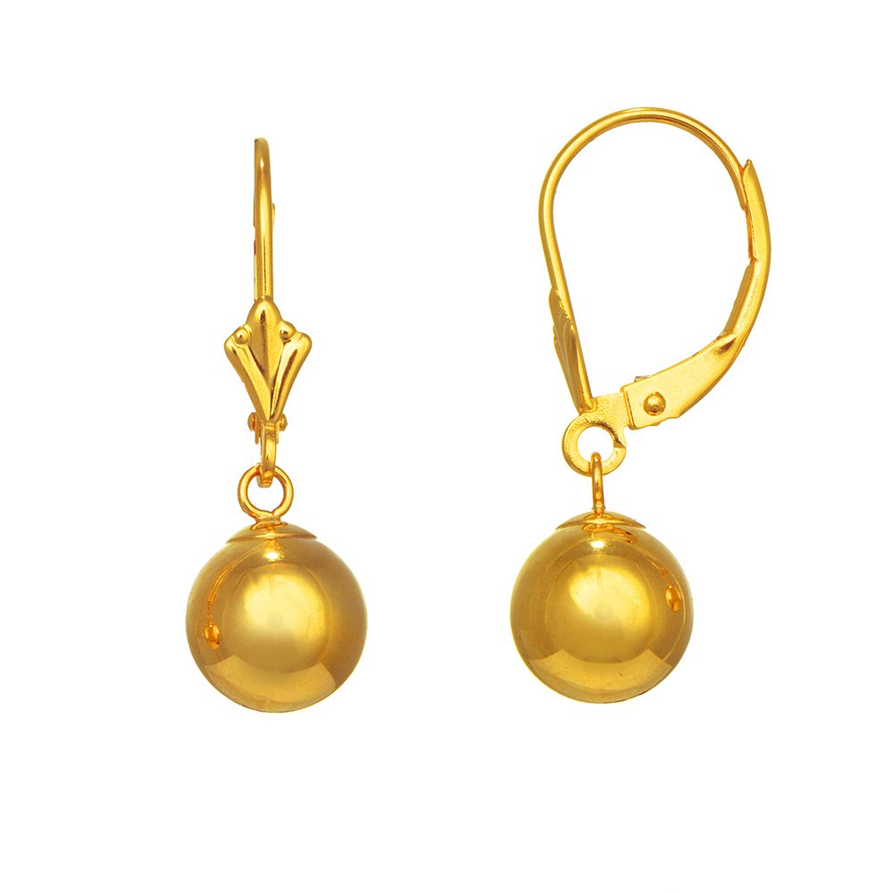 14k Real Yellow Gold Ball 5mm, 8mm Dangle Lever Back Earrings - JewelStop1