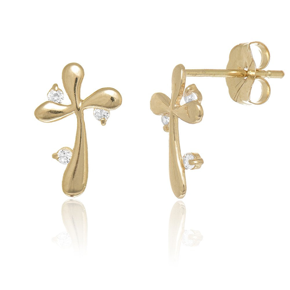 14K Yellow Gold Cross Stud Earrings Cubic Zirconia CZ Stud Post - JewelStop1