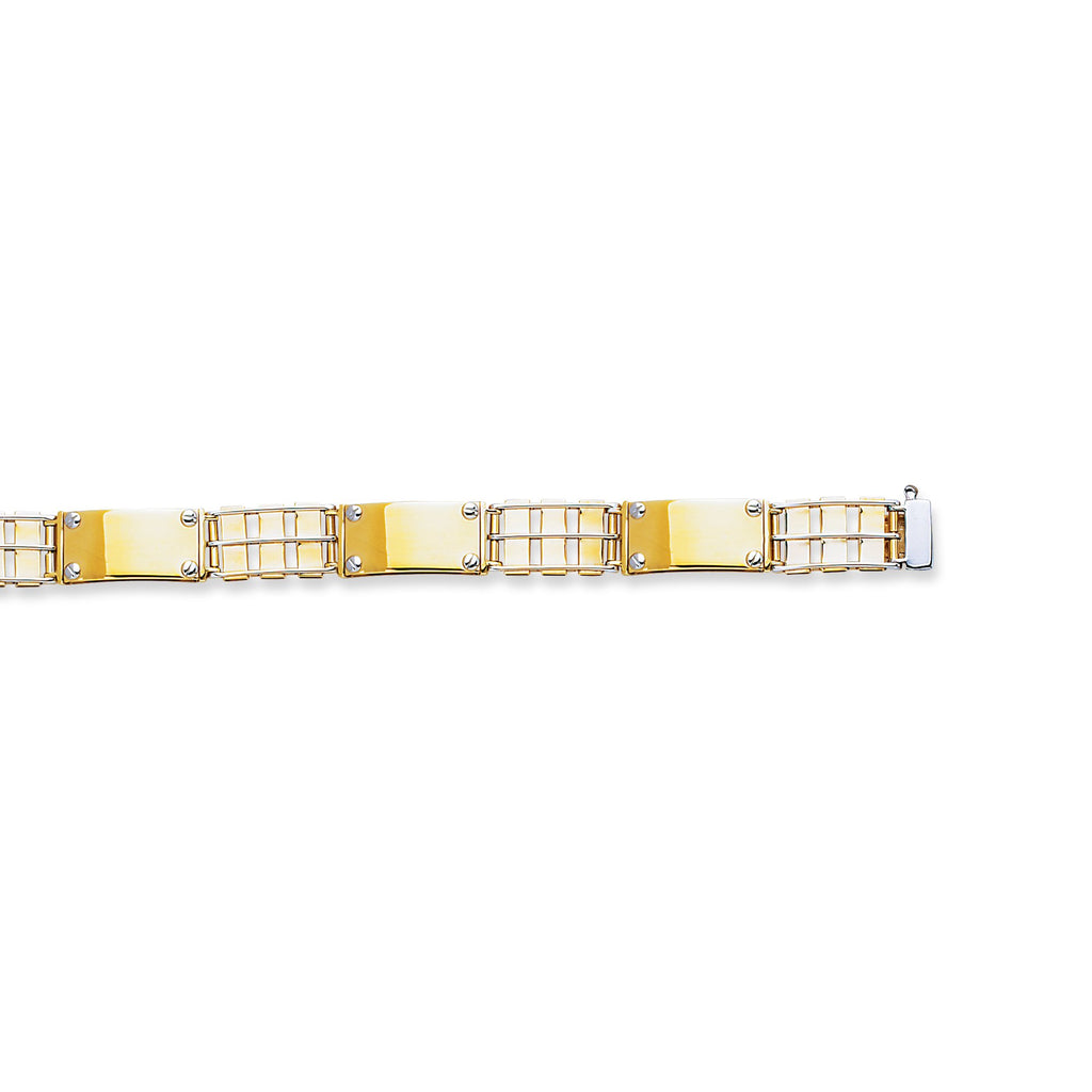 14K Two-Tone Gold Screw Head Accented Bar Link Men's Bracelet 8.5 - JewelStop1