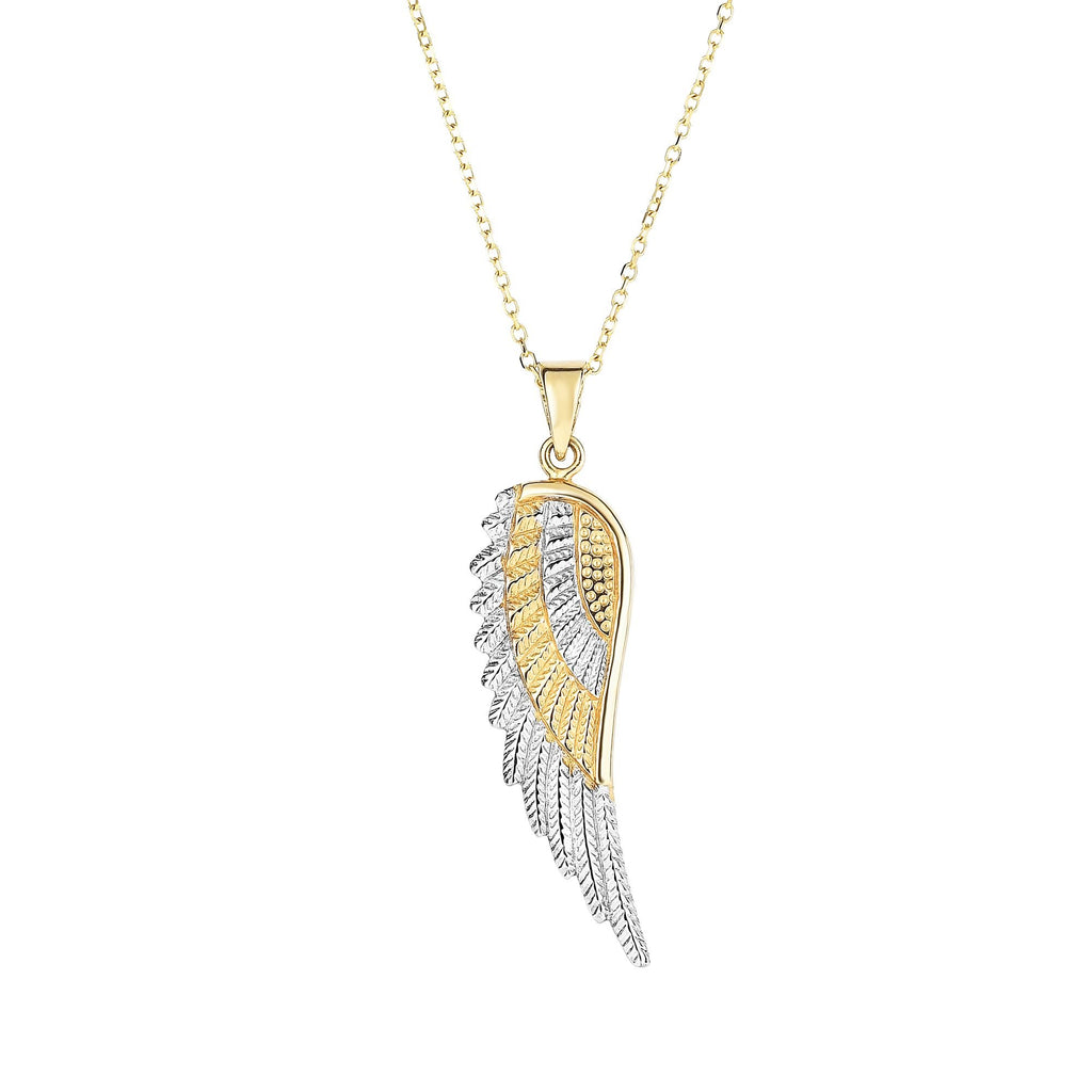14k Two Tone Gold Texted Angel Wing Pendant Necklace - 18 - JewelStop1