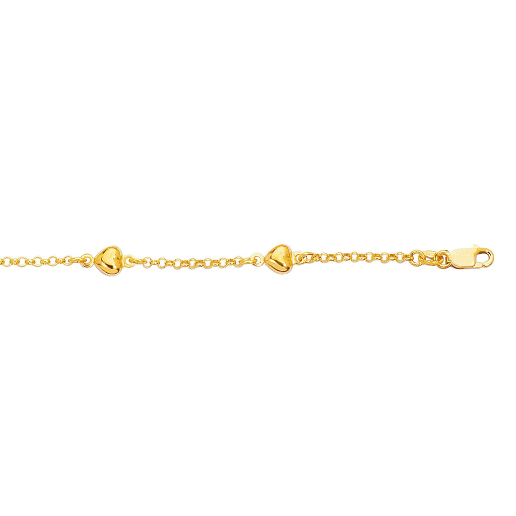 14K Yellow Gold Shiny Rolo Chain Link Puffed Heart Bracelet, Lobster Clasp 6" - JewelStop1