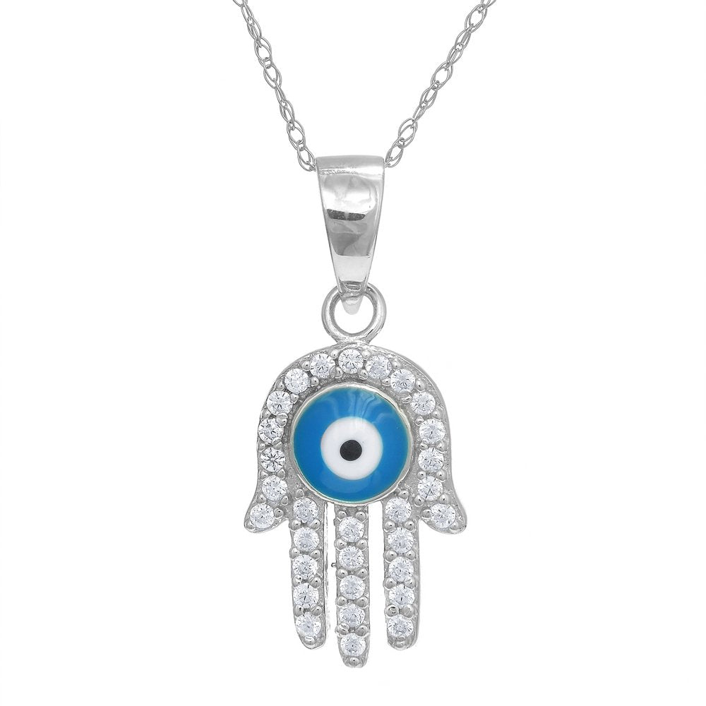 925 Sterling Silver CZ Evil Eye Hamsa Jewish Kabbalah Pendant Charm Necklace 18" - JewelStop1