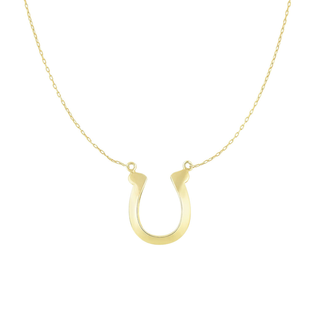 14k Yellow Gold Shiny Lucky Horse Shoe Anchored 0.72mm Oval Link Chain Necklace - JewelStop1