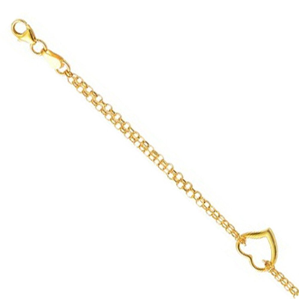 14k Semi-Solid Yellow Gold Lite Rolo Chain W/ Heart Anklet 10" Lobster Claw - JewelStop1