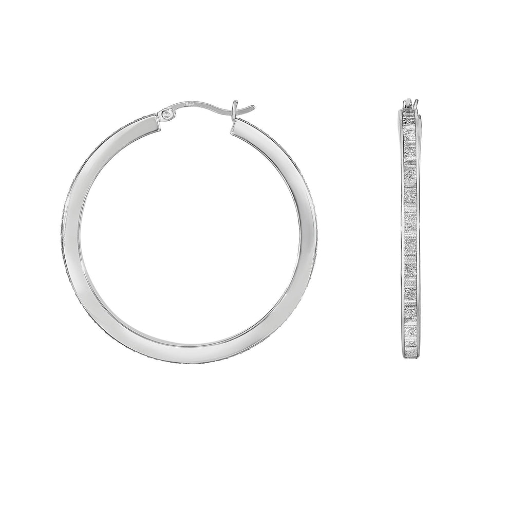 .925 Sterling Silver 3x43mm Shiny And Sparkle Round Hoop Earrings, Hinged Clasp - JewelStop1