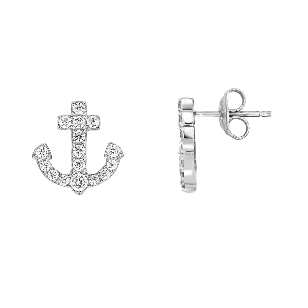 Silver Rhodium Finish White Cubic Zirconia Anchor Earrings -  13.2x13.2mm - JewelStop1