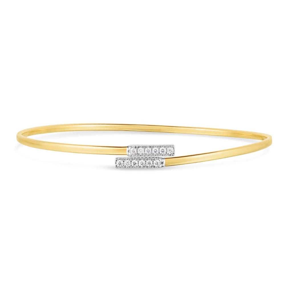 JewelStop 14K Yellow Gold 2mm 0.08ct Diamond Bypass Bar Open Cuff Bangle with Polished Finish - 5.00gr