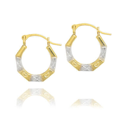 JewelStop Yellow White Gold Tubular Octagonal "x" Heart Hoop Earrings