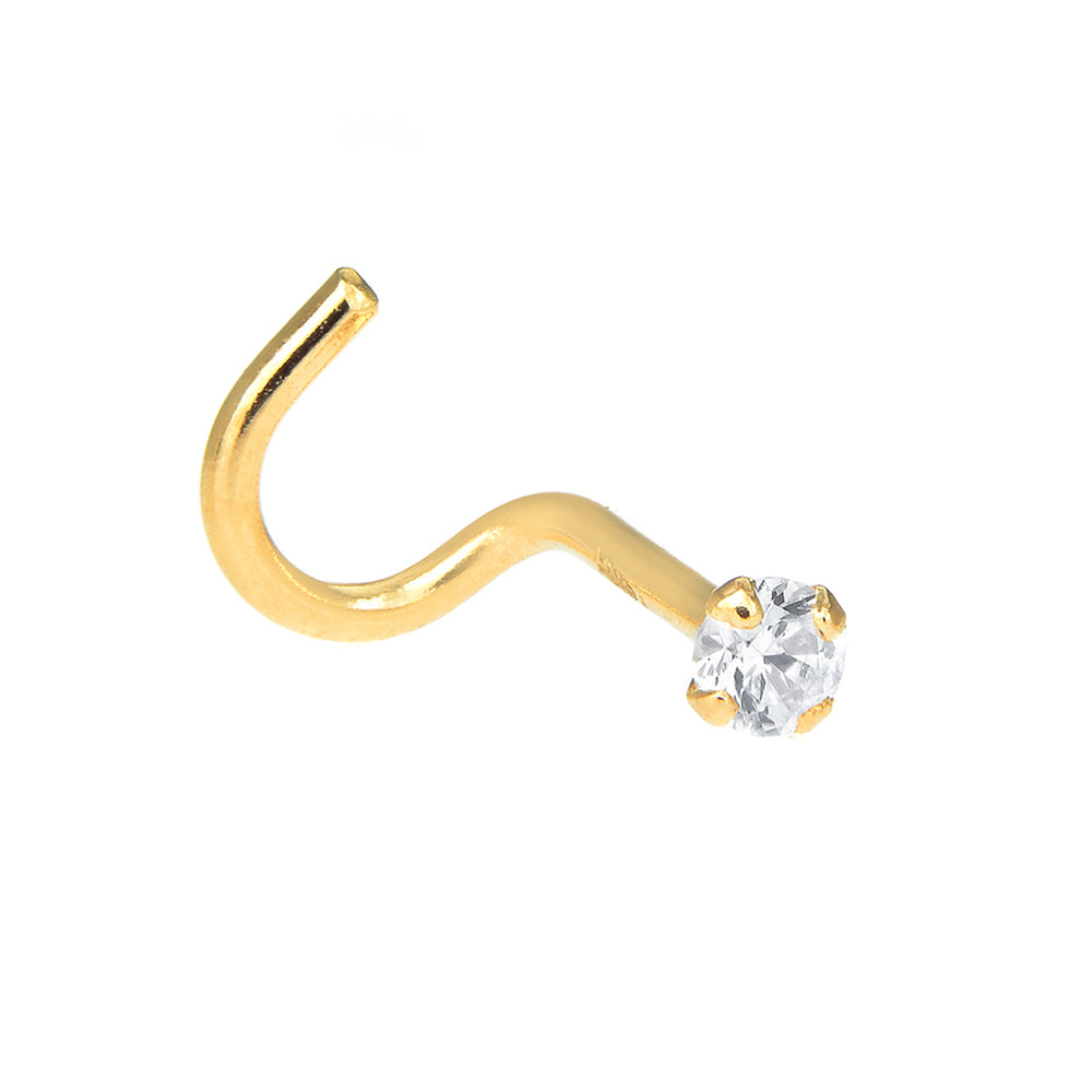 14K Yellow Gold CZ Prong Nose Ring Stud Nostril Screw Twist Curve - 24 Gauge - JewelStop1