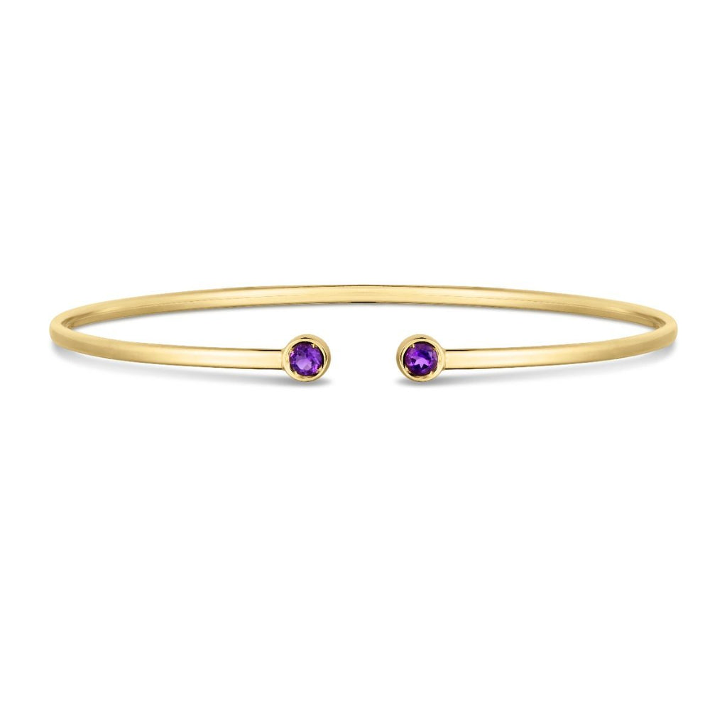 JewelStop 14K Yellow Gold 3mm Round Amethyst Open Cuff Bangle with Polished Finish - 3.2gr
