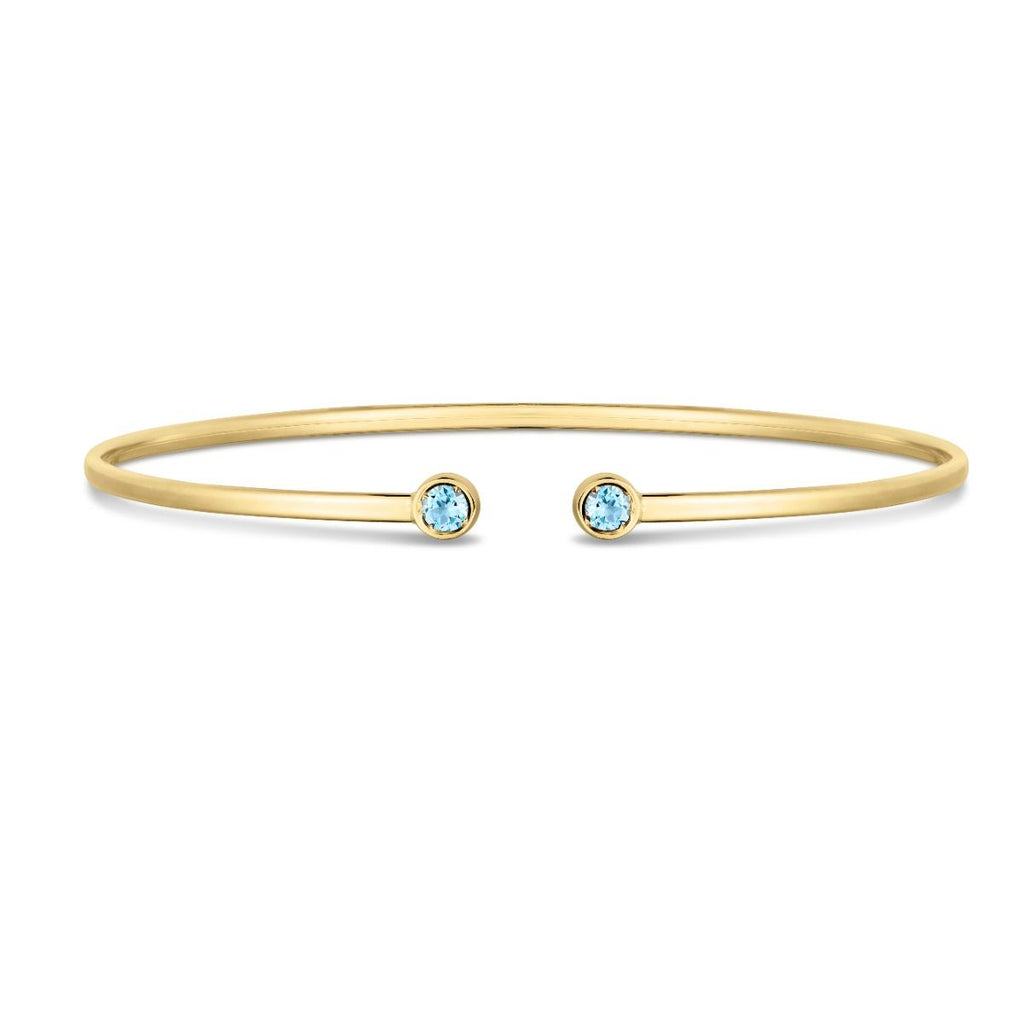 JewelStop 14K Yellow Gold 3mm Round Blue Topaz Open Cuff Bangle with Polished Finish - 3.2gr