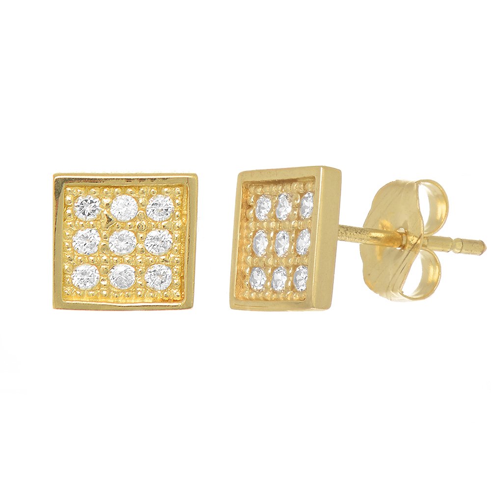14K Yellow Gold Micro Pave Hip Hop CZ Square Stud Post Earrings - JewelStop1