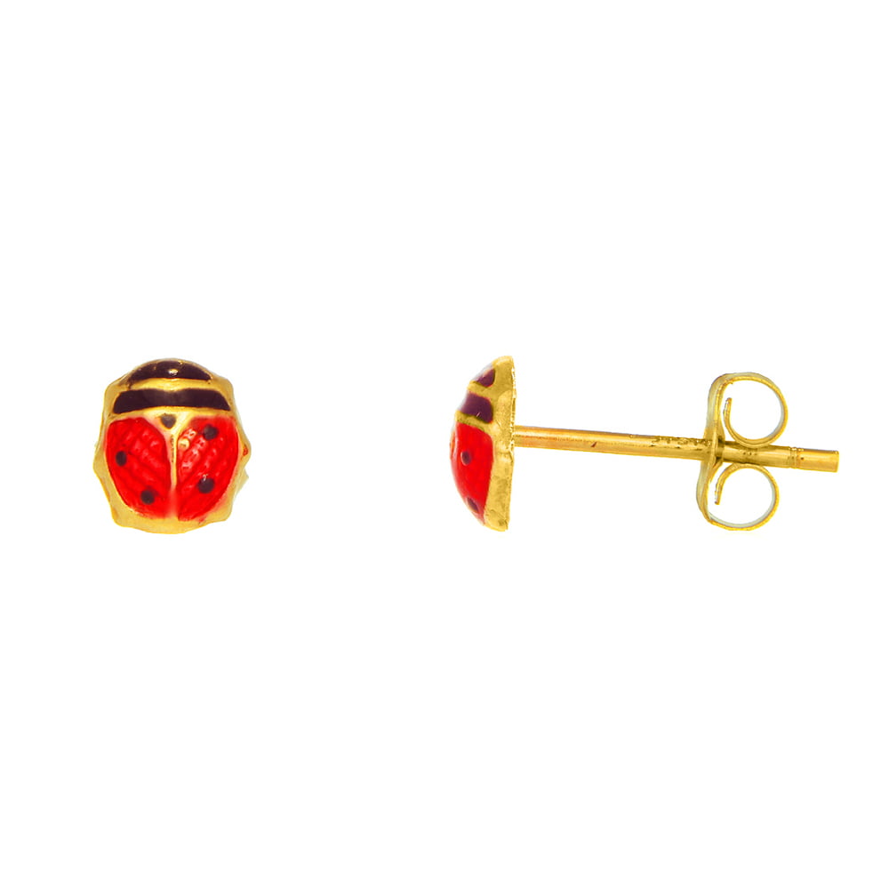 JewelStop Real Yellow Gold Enamel Ladybug Post Stud Earrings