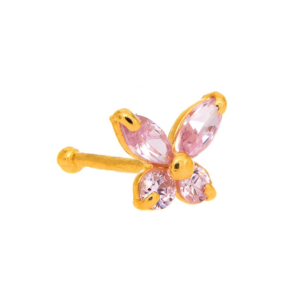 14K Solid Yellow Gold Pink CZ Butterfly Nose Ring - 0.5mm 24 Gauge 8mm Long - JewelStop1