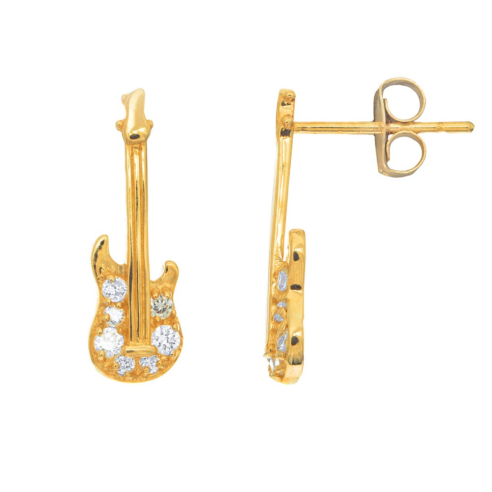 14K Solid Yellow Gold CZ Guitar Post Stud Earrings With Push Back - JewelStop1