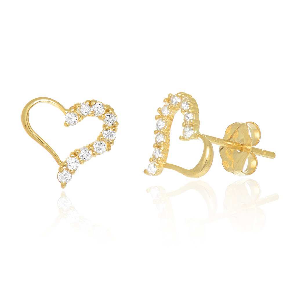 14K Yellow Gold Open CZ Heart Love Stud Post Earrings - JewelStop1