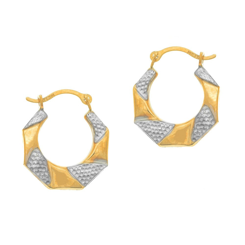 14K Two Tone Yellow White Rhodium Textured Round Hoop Earrings 14mm - JewelStop1
