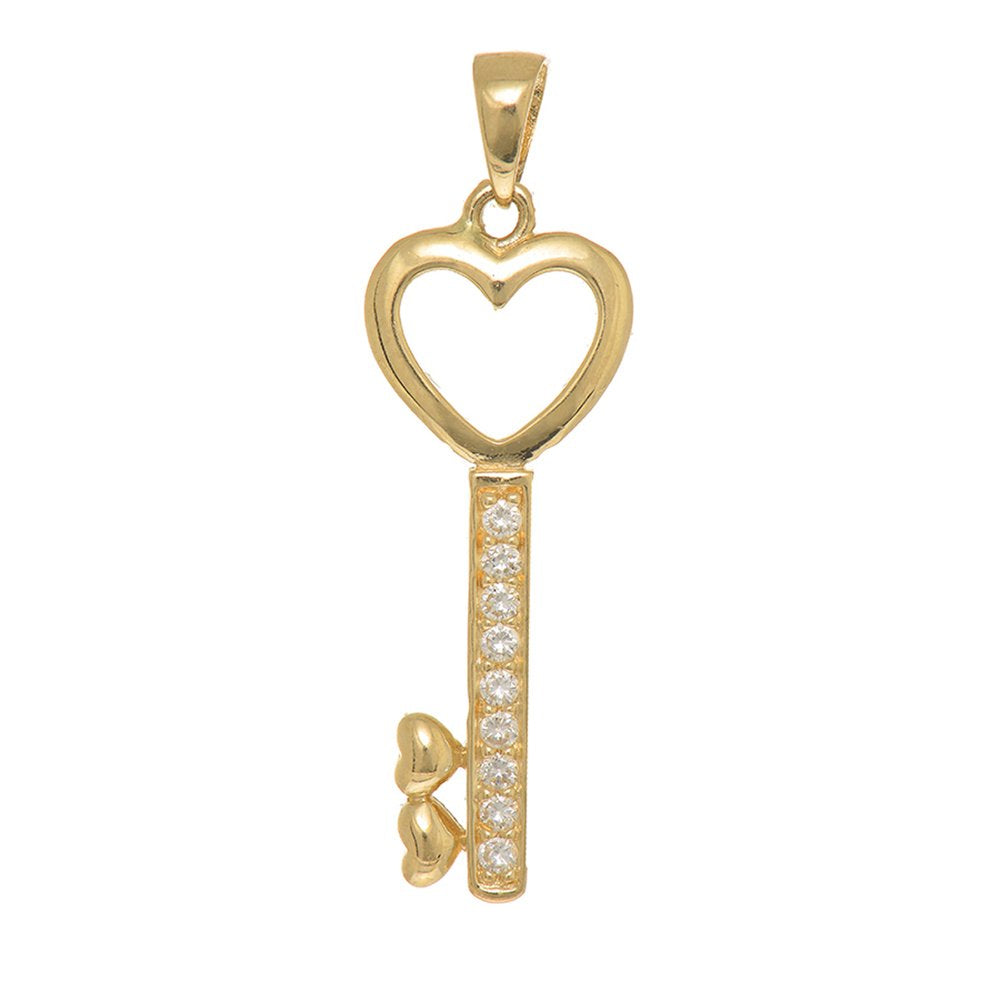 14K Solid Yellow Gold Heart Love Key CZ Charm Pendant - JewelStop1