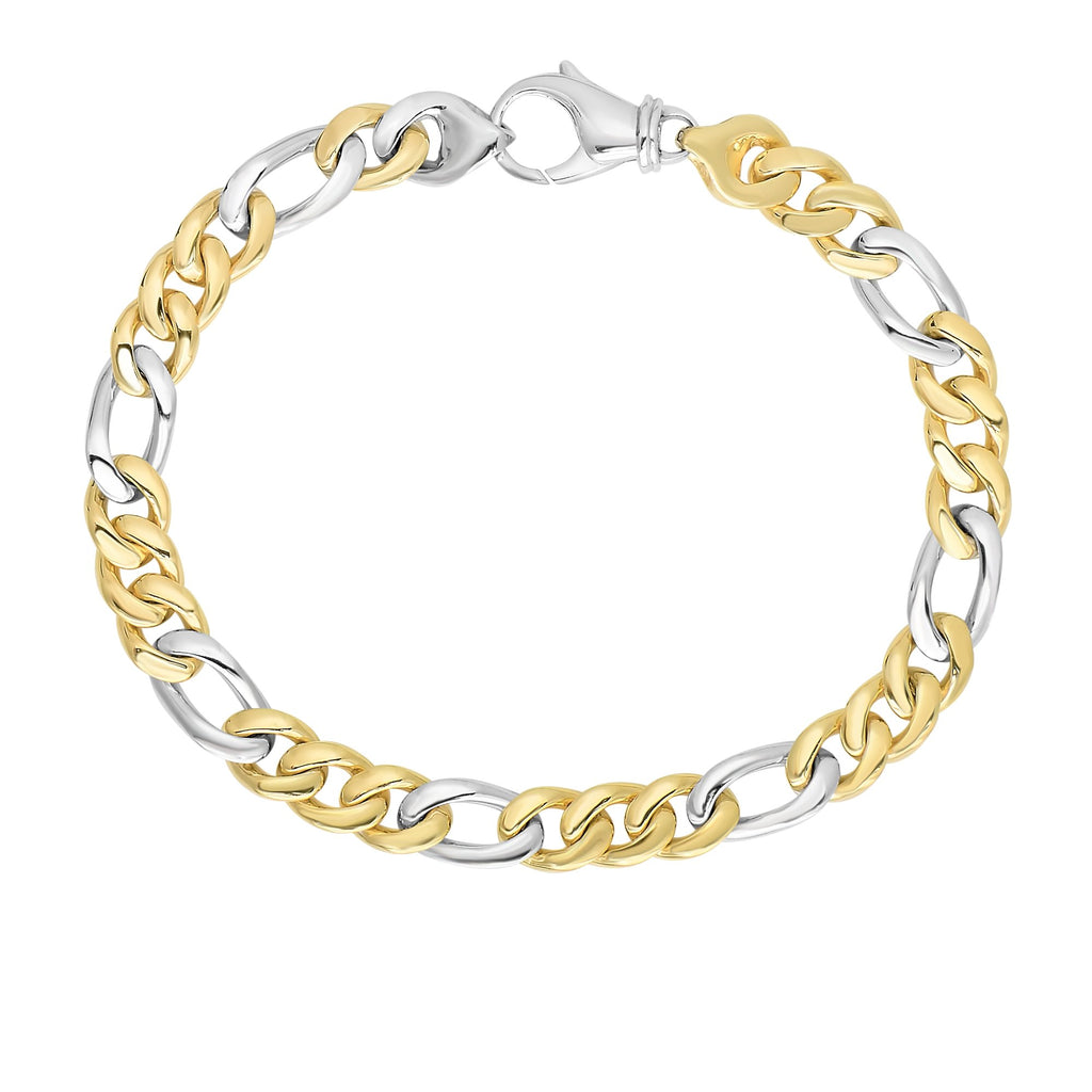 14k Two Tone Gold 6mm Faceted Shiny Men's Figaro Bracelet w/ Lobster Clasp 8.5" - JewelStop1