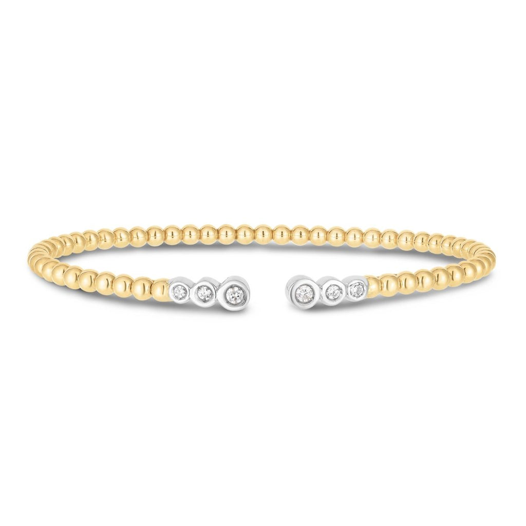 JewelStop 14K Yellow Gold 7" .17ct Diamond Pallina Bead Bracelet Open Cuff with Polished Finish - 6.01gr
