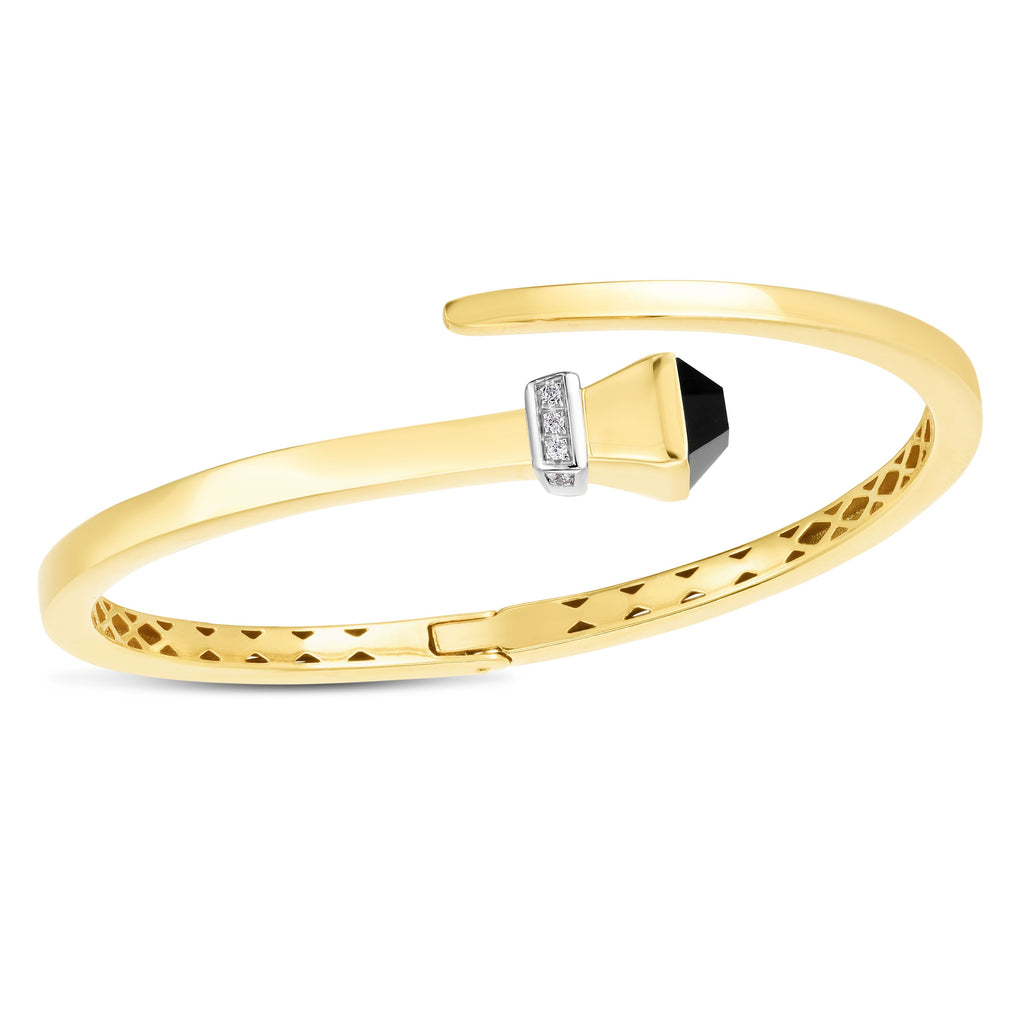 JewelStop 14K Two-Tone Gold, Onyx & 0.05ct Diamond Wrap Bangle Bracelet with Diamond Cut Finished - 10gr