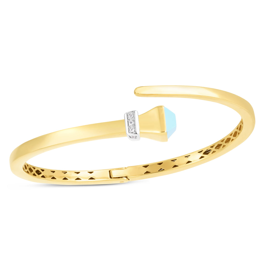 JewelStop 14K Two Tone Gold, Turquoise & 0.05ct Diamond Wrap Bangle with Diamond Cut Textured Finish - 10gr