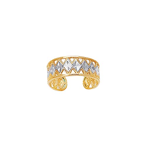 JewelStop 14K White and Yellow Gold Diamond-Cut Millgrain Design Cuff Style Adjustable Toe Ring, 1.3gr.