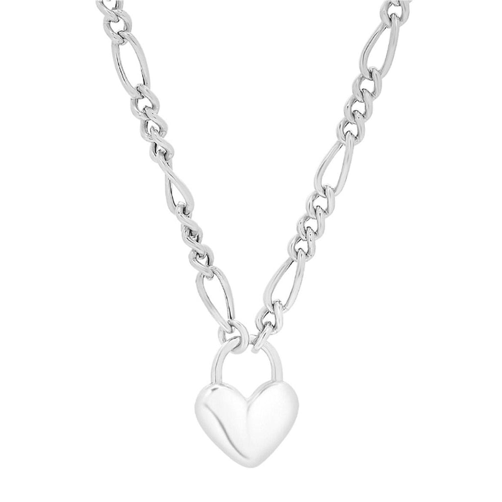 JewelStop Sterling Silver Polished Finish Padlock Heart Figaro Chain Necklace, Lobster Clasp - 18"