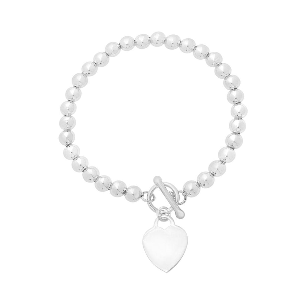 Sterling Silver Polished Finish Heart Bead Chain Bracelet with Toggle Clasp - 7.25"