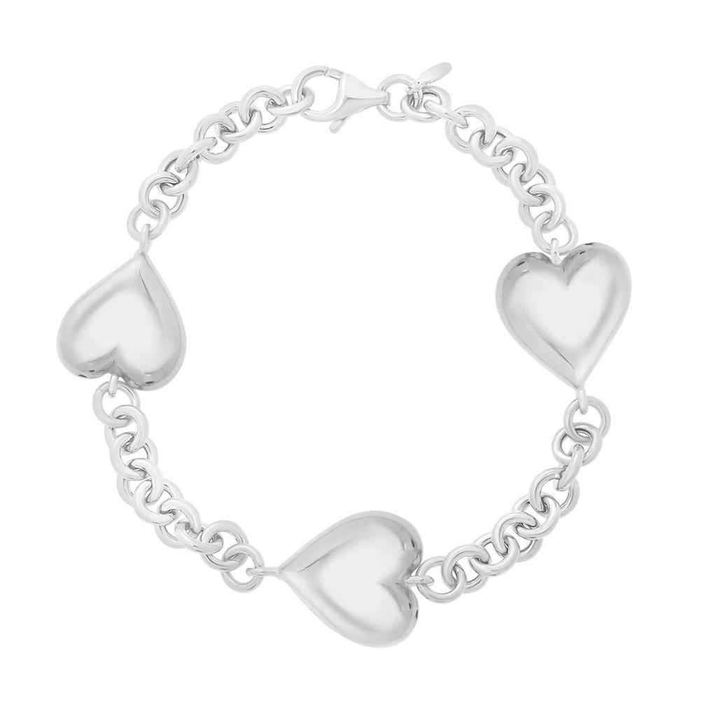 Sterling Silver Polished Finish Puffed Triple Heart Bracelet with Lobster Clasp - 7.5"