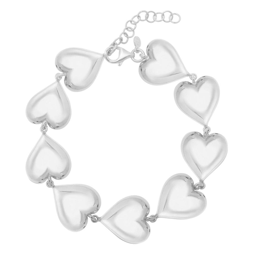 Sterling Silver Polished Finish Puffed Heart Chain Bracelet with Lobster Clasp - 8"