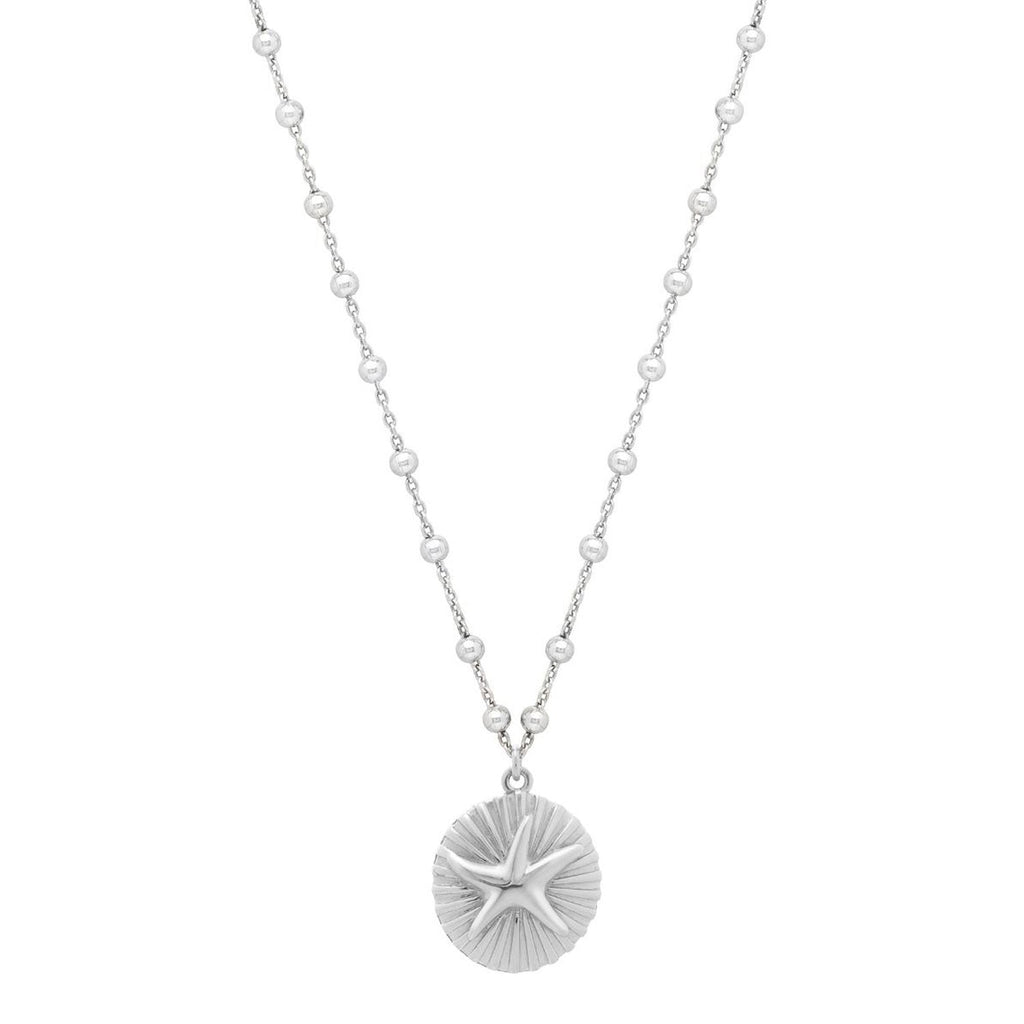 JewelStop Sterling Silver Polished Finish Sea Life Starfish Medallion Bead Chain Necklace, Lobster Clasp - 18"