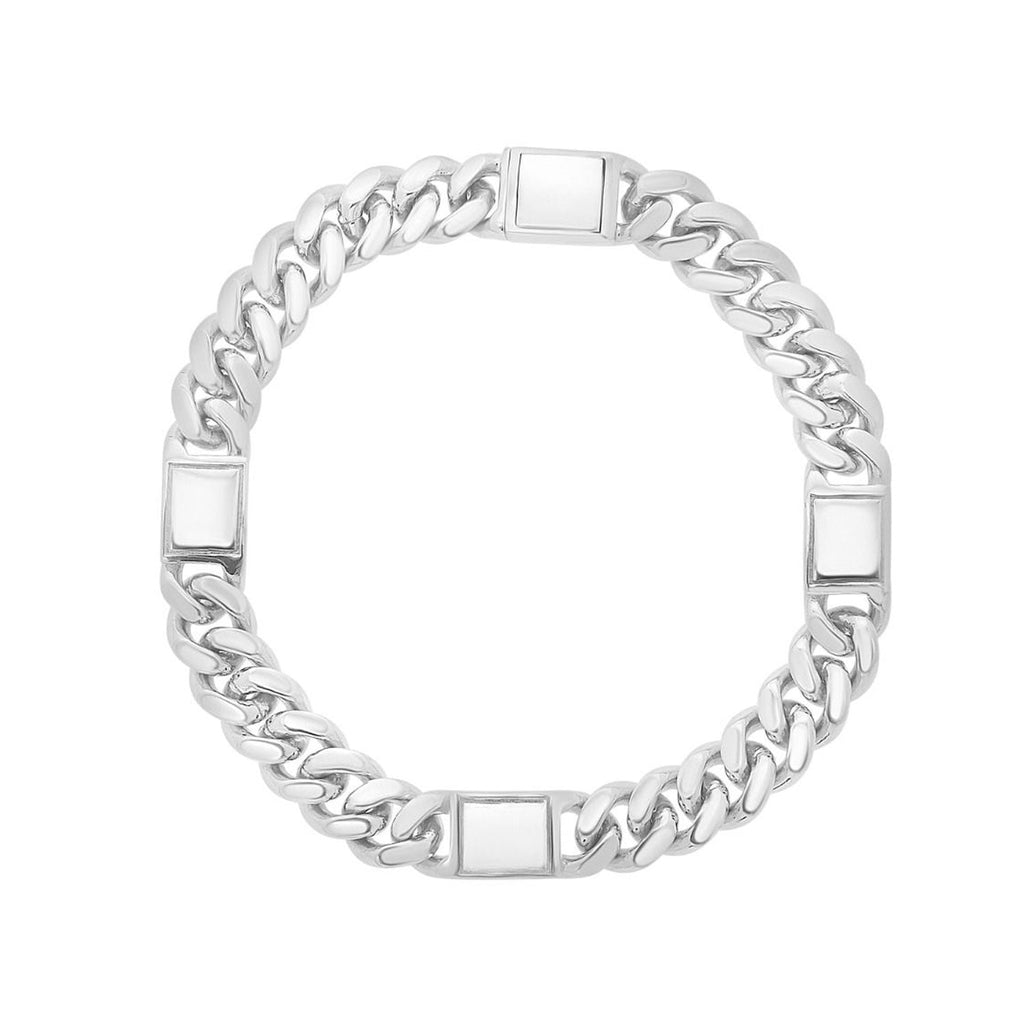 Sterling Silver Polished Finish Miami Cuban Link Chain Bracelet with Bar stations and Fancy Box Clasp - 8.5"