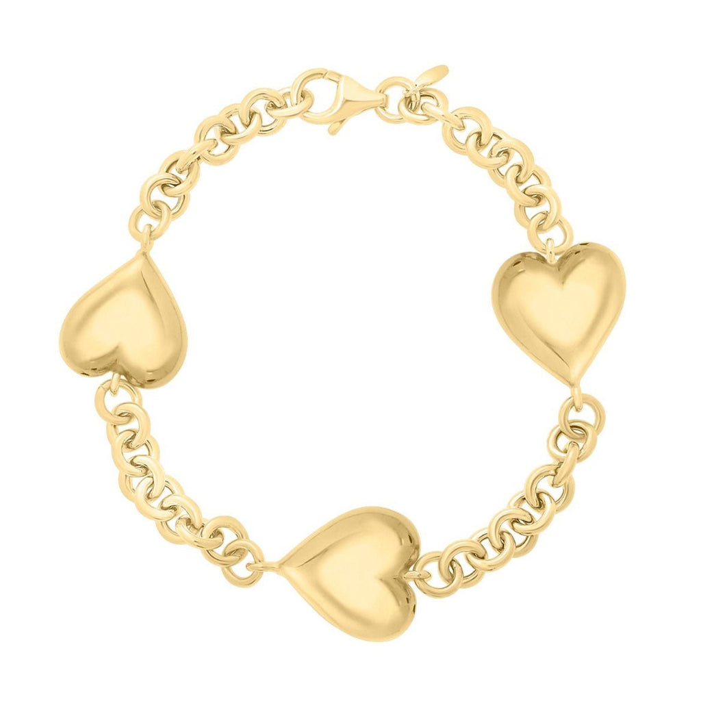 Sterling Silver (Yellow Gold Plated) Polished Finish Puffed Triple Heart Chain Bracelet with Lobster Clasp - 7.5"