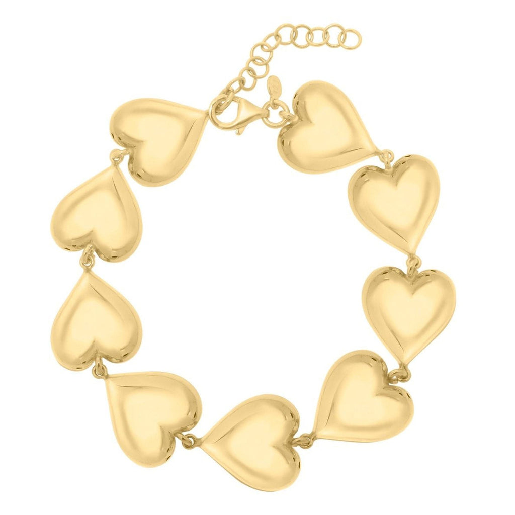 Sterling Silver (Yellow Gold Plated) Polished Finish Puffed Heart Chain Bracelet with Lobster Clasp - 8"