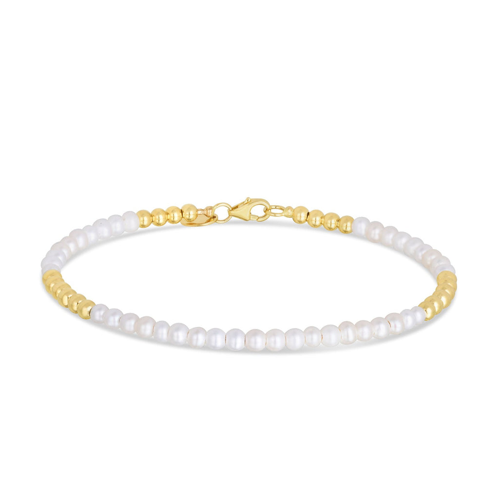 JewelStop 14K Yellow Gold Polished Finish & Freshwater Pearl Pallina Bead Chain Bracelet with Lobster Clasp - 7" 