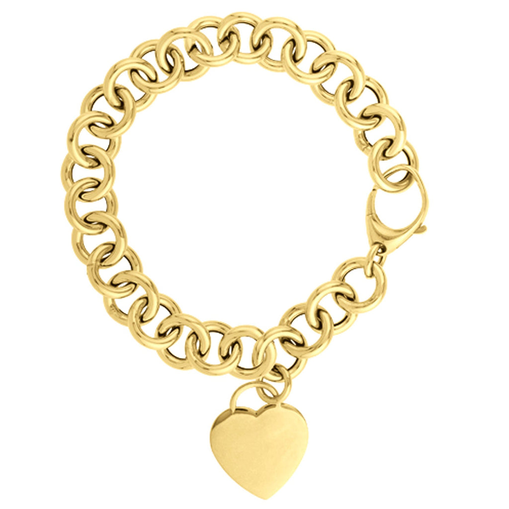 14K Yellow Gold Polished Finish 11.4mm Heart Tag & Rolo Link Bracelet with Fancy Lobster Clasp - 7.5"