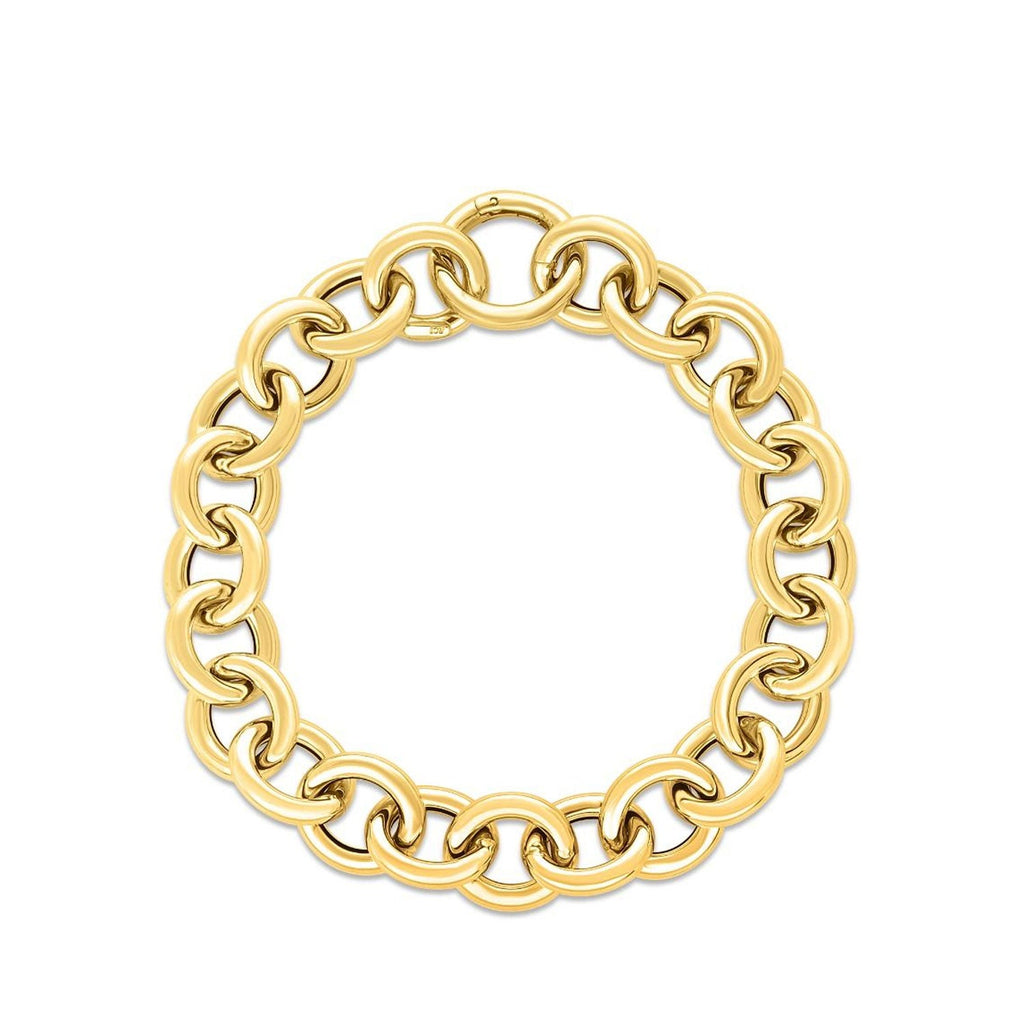 14K Yellow Gold Polished Finish 11.6mm Circular Link Chain Bracelet with Push-In Clasp - 7.5"