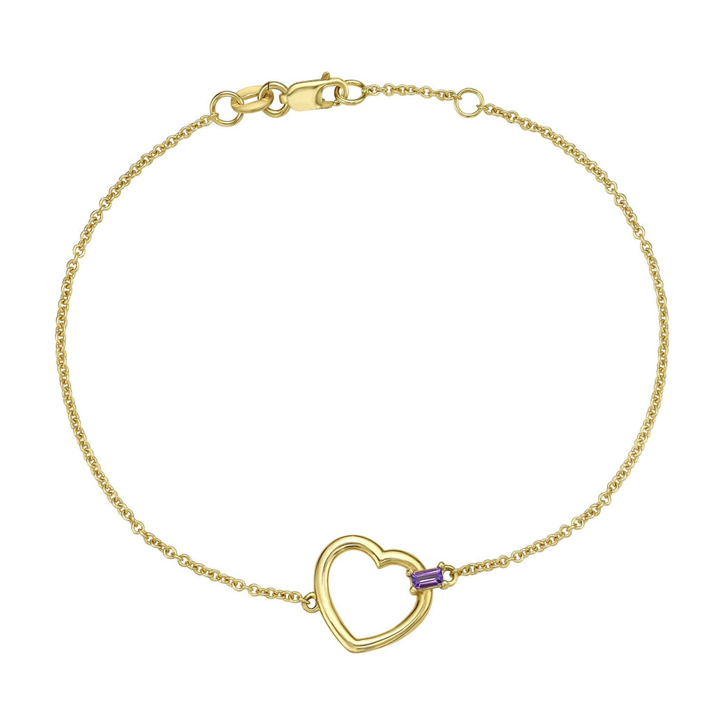 14K Yellow Gold Polished Finish 1.2mm Baguette Amethyst Gemstone Heart Chain Bracelet with Lobster Clasp - 7"