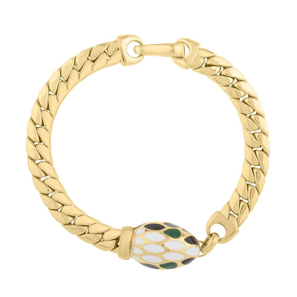 14K Yellow Gold Polished Finish 7mm Le Serpent Green & Black Enamel Curb Link Chain Bracelet with Fancy Clasp - 7.5"