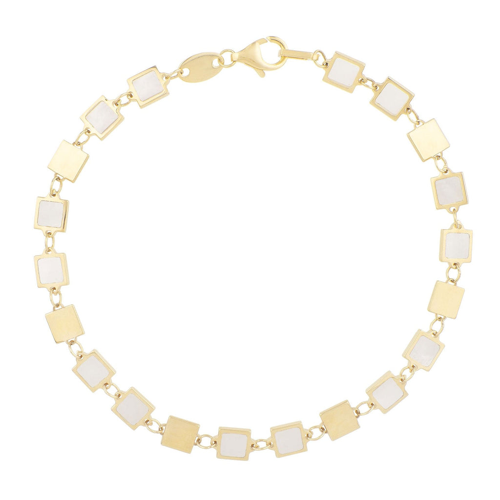 14K Yellow Gold Polished Finish 5mm Geometric and Mother of Pearl Mirror Chain Bracelet with Lobster Clasp - 7.25"