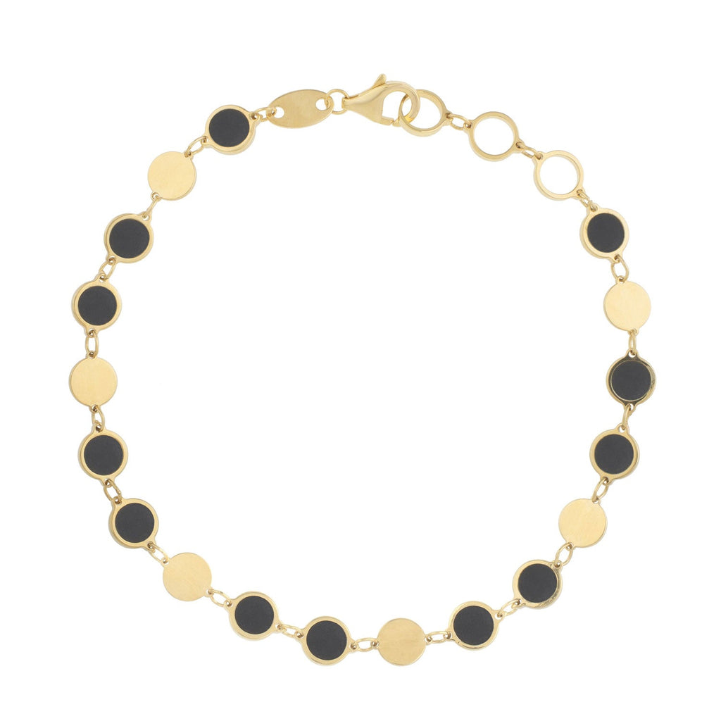 14K Yellow Gold Polished Finish 5mm Geometric Black Onyx Mirror Gem Chain Bracelet with Lobster Clasp - 7.25"